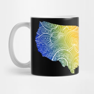 Colorful mandala art map of the United States of America in blue, yellow and red Mug